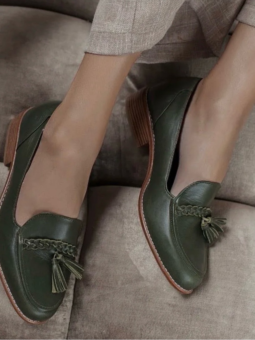 Women’s Olive Green Tassel Loafers with Low Heel